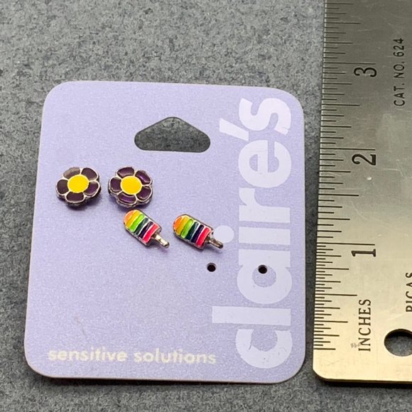 Claire's Tiny Enamel Earrings Lot Rainbow Popsicle Purple Yellow Flower Stud - Picture 4 of 4